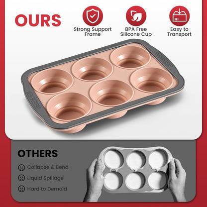 Silicone Muffin Pan for Baking with Metal Reinforced Frame - 6 Cups Regular Size Cupcake Pan Muffin Tins Egg Bite Molds - Nonstick, Easy to Pop, Bakeware for Oven, BPA Free (6-Cups Red)