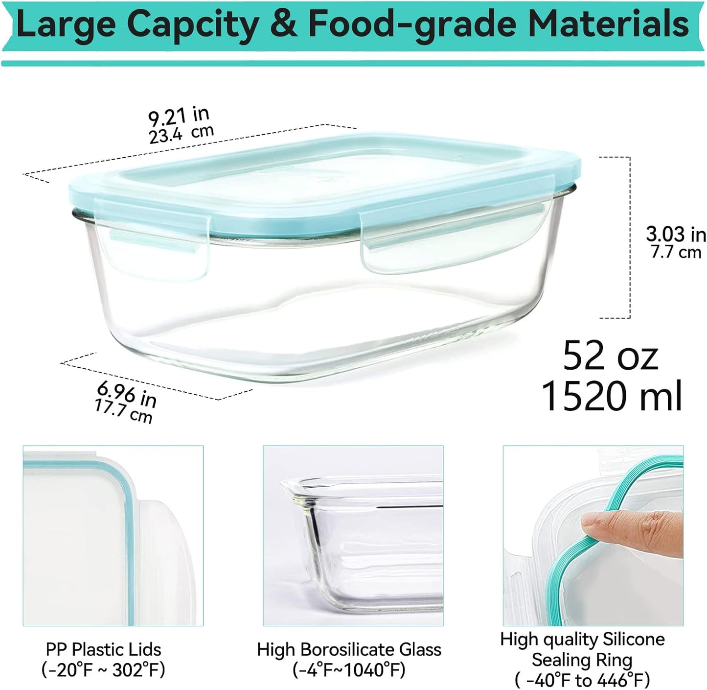 Luvan 2Pack 60Oz Large Glass Storage Containers with Lids, Meal Prep Food Container Set with Snap Airtight Lid for Baking, Microwave, Oven, BPA Free Leak Proof Freezer Dishwasher Safe