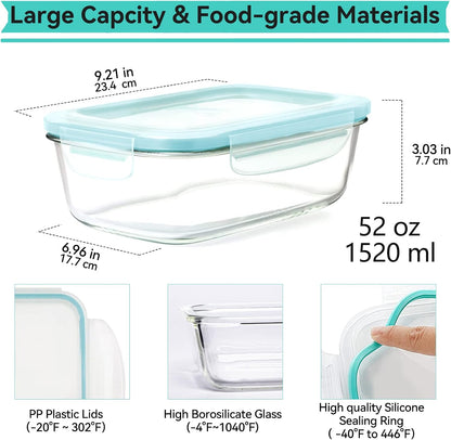 Luvan 2Pack 60Oz Large Glass Storage Containers with Lids, Meal Prep Food Container Set with Snap Airtight Lid for Baking, Microwave, Oven, BPA Free Leak Proof Freezer Dishwasher Safe