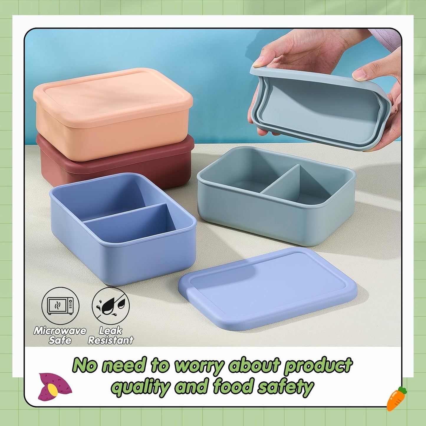 Layhit 4 Pcs Silicone Bento Box for Adults, 27 oz Bento Lunch Container Reusable 3 Compartment Lunchable Food Container for Women Men, Leak Proof Microwave Dishwasher Freezer Safe (Cool Colors)