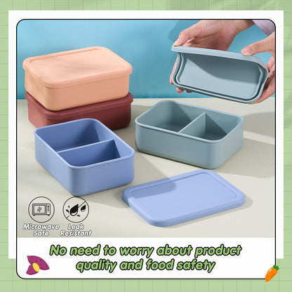 Layhit 4 Pcs Silicone Bento Box for Adults, 27 oz Bento Lunch Container Reusable 3 Compartment Lunchable Food Container for Women Men, Leak Proof Microwave Dishwasher Freezer Safe (Cool Colors)