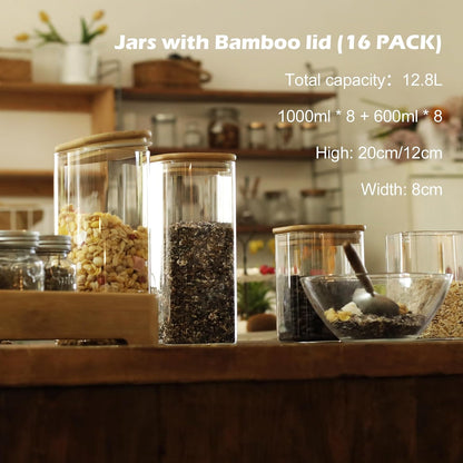 LIBWYS 12-Pack Square Glass Storage Jars with Bamboo Lids (0.6Qt/1.06Qt) - Stackable Food Containers for Pantry Organization, Coffee, Flour, Snacks, Tea | Kitchen Canisters Set