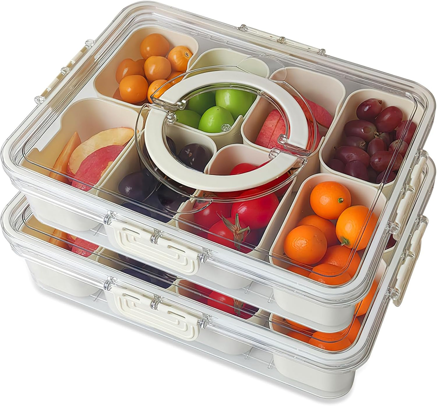 Snackle Box Container 8-Section,Clear Divided Tray w/Secure Lid & Handle,Perfect Organizer for Fruits, Veggies, Candy & Charcuterie,Dishwasher Safe,Ideal for Travel, Parties & Picnics!(1)