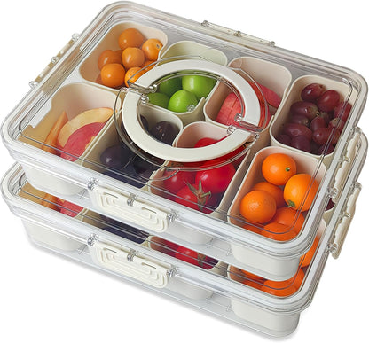 Snackle Box Container 8-Section,Clear Divided Tray w/Secure Lid & Handle,Perfect Organizer for Fruits, Veggies, Candy & Charcuterie,Dishwasher Safe,Ideal for Travel, Parties & Picnics!(1)