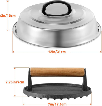 BBQ Accessories 12 Inch Round Stainless Steel Basting Cover - Cheese Melting Dome Round Cast Iron Grill Press Kit for Hamburger Bacon Steak, Best fits for Blackstone Camp Chef Flat Top Griddle Grill