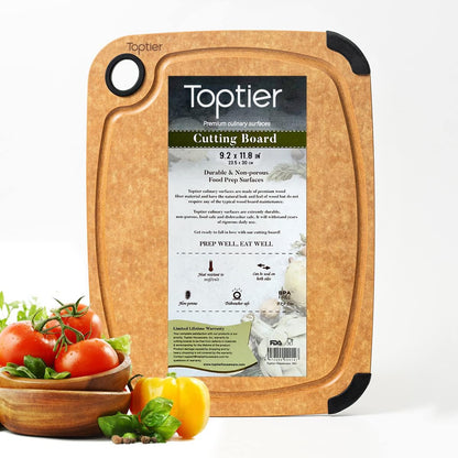 Cutting Board for Kitchen Dishwasher Safe, Toptier, Wood, Fiber , Eco-Friendly, Non-Slip, Juice Grooves, Non-Porous, BPA Free, Small, Silicone, 11.5 x 9.25-inch, Natural Slate