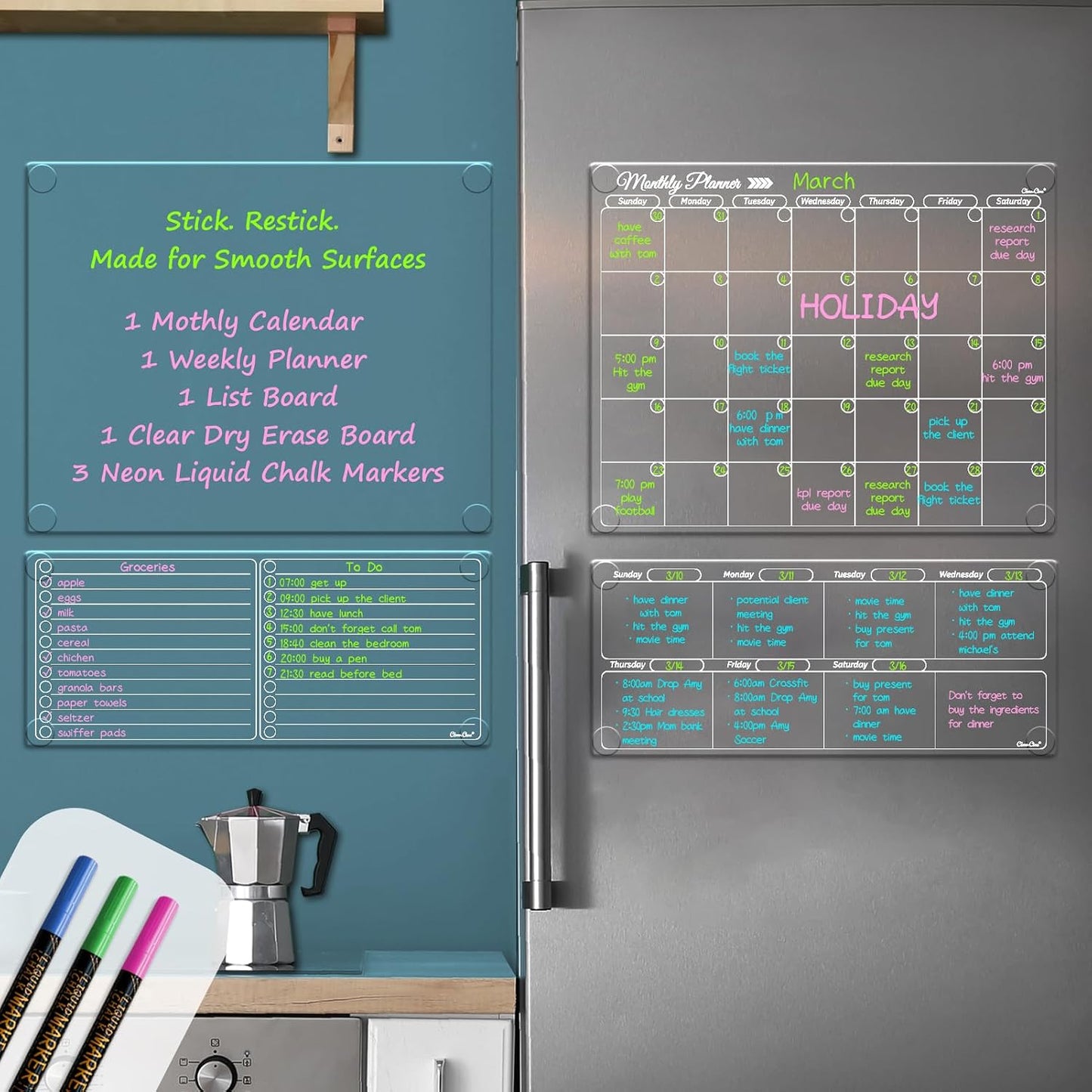 Clear Non-Magnetic Meal Planner Set for Fridge - Dry Erase Transparent Menu and List Board - Sticks to Wall, Glass, Door, Any Smooth Surfaces