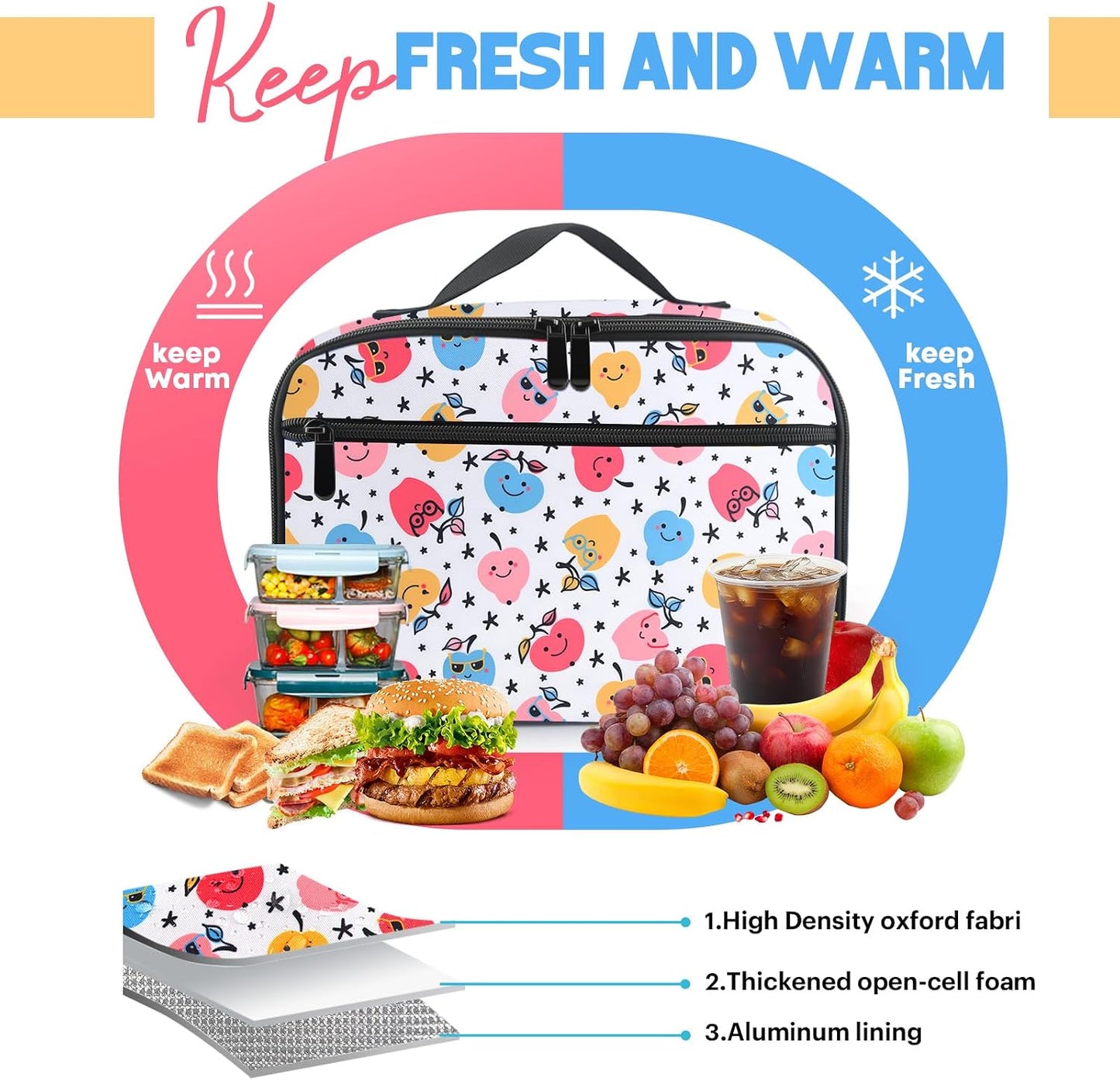 Lunch Box Kids, Lunch Bags for Women Men, Insulated Cooler Reusable Cute Lunch Containers for Boy & Girls, Adults Leak Proof Large Lunch Tote Bags for School, Work, Travel, Picnic Outdoor and Beach