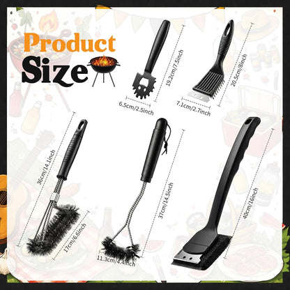 5 Pcs BBQ Grill Brush for Outdoor 304 Stainless Steel Grill Cleaning Tools Set with Scraper, Pointed Tail, Triangular, Scouring Pad Brush for Gas Porcelain Charbroil Grates for Men Dad