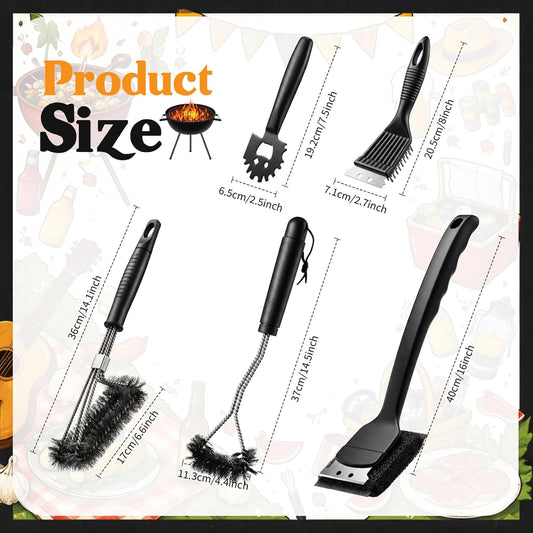 5 Pcs BBQ Grill Brush for Outdoor 304 Stainless Steel Grill Cleaning Tools Set with Scraper, Pointed Tail, Triangular, Scouring Pad Brush for Gas Porcelain Charbroil Grates for Men Dad