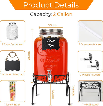 1 Gallon Glass Drink Dispensers with Wood Lid, 2 Pack Clear Beverage Dispenser with Stand and Spigot for Parties, Lemonade Dispenser with Markers and Chalkboard for BBQ, Picnic