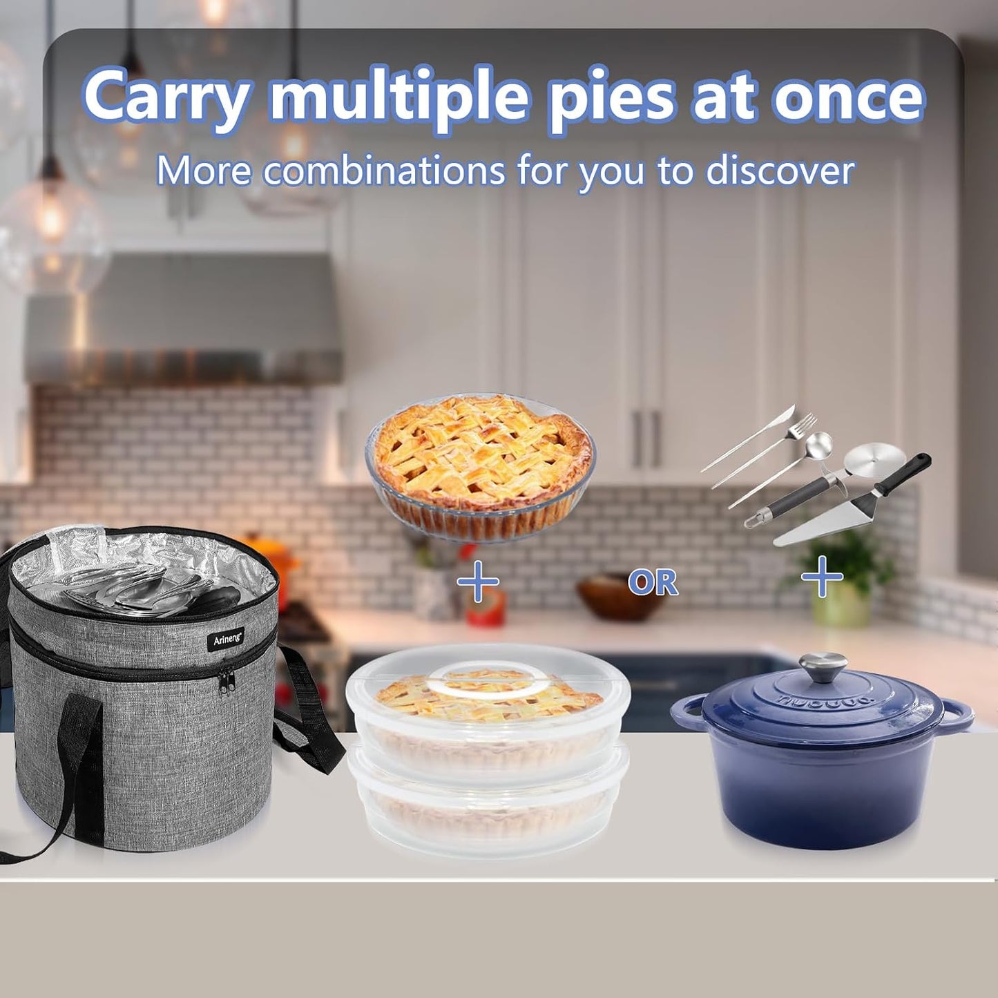 3 pack pie carrier with lid and handle,of insulated bag,pie carriers for transport,Holds 3 pies/Pizza,Thanksgiving Day (Grey, 3 pie carriers + insulated bag)