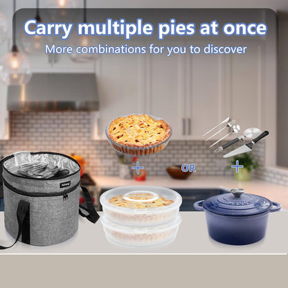 3 pack pie carrier with lid and handle,of insulated bag,pie carriers for transport,Holds 3 pies/Pizza,Thanksgiving Day (Grey, 3 pie carriers + insulated bag)