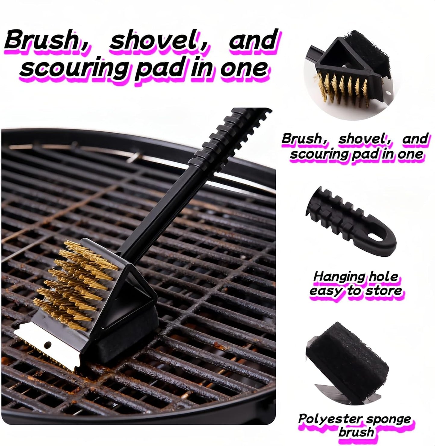 3-in-1 Grill Brush with Scraper & Scrub Pad, 14.5" Long Handle Brass Brush for BBQ Grill Cleaning, Heavy Duty Copper Bristles, Rust-Proof, Hanging Hook, Safe for Gas/Charcoal Grills