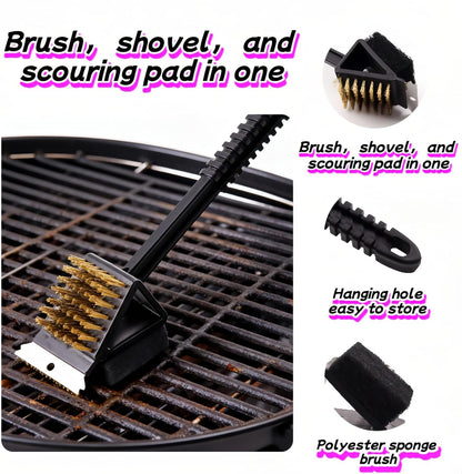 3-in-1 Grill Brush with Scraper & Scrub Pad, 14.5" Long Handle Brass Brush for BBQ Grill Cleaning, Heavy Duty Copper Bristles, Rust-Proof, Hanging Hook, Safe for Gas/Charcoal Grills