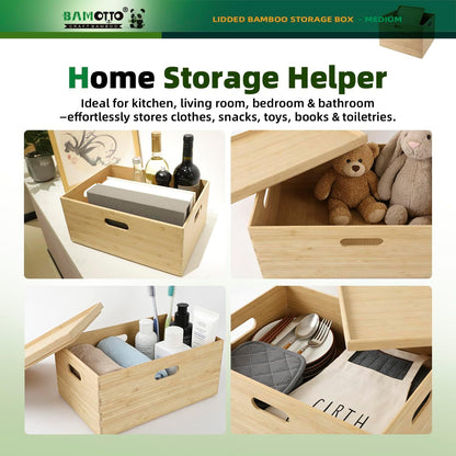 BAMOTTO CRAFTBAMBOO 2-Piece Large Bamboo Storage Box Set - 7.1in High Stackable Deep-Drawer Organizer, Lidless Bin for Kitchen Cutlery Utensils, Home & Office (14.6"x10.2"x7.1"+14.6"x10.2"x3.1")