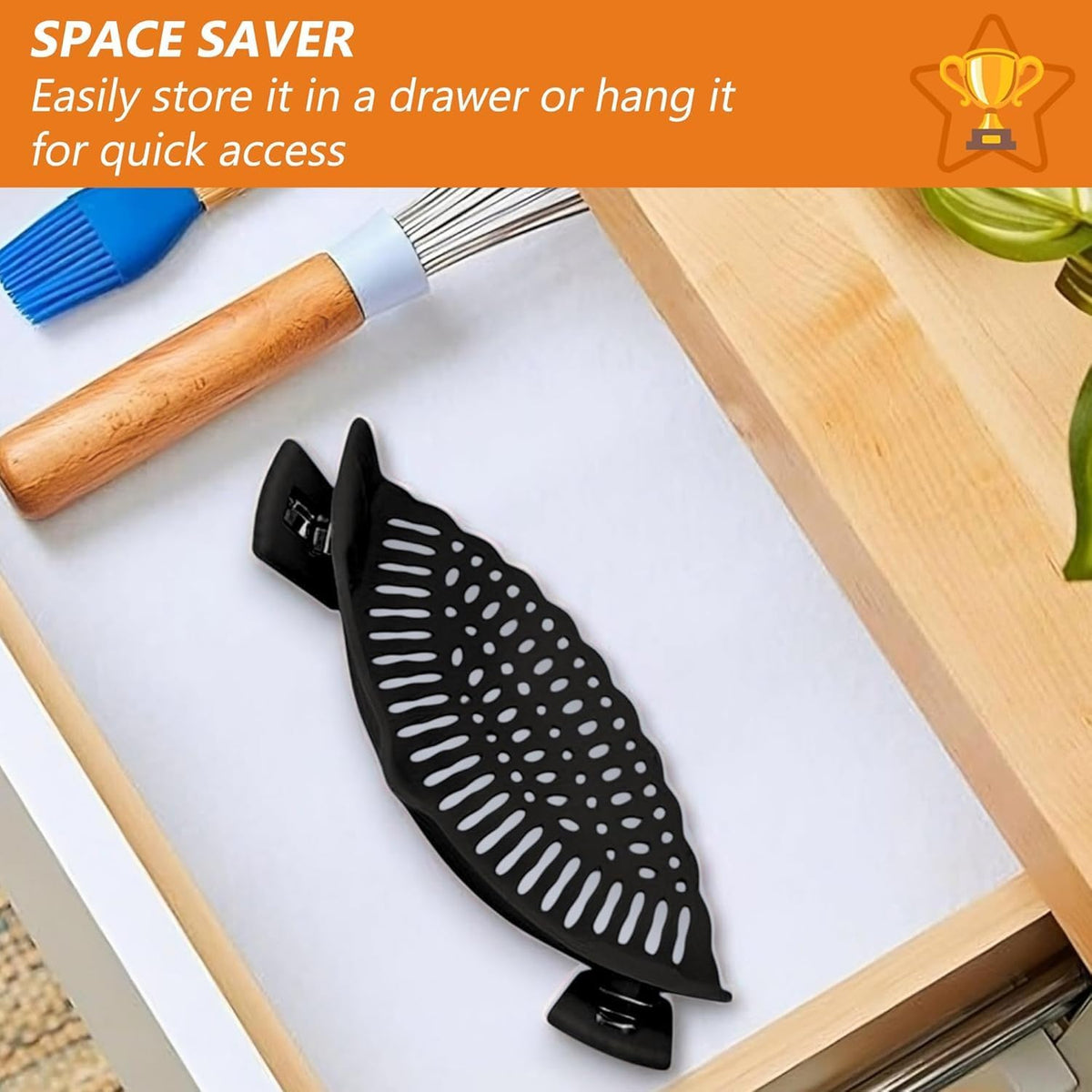 Clip On Strainer Silicone for All Pots and Pans, Pasta Strainer Clip on Food Strainer for Meat Vegetables Fruit Silicone Kitchen Colander (Black)