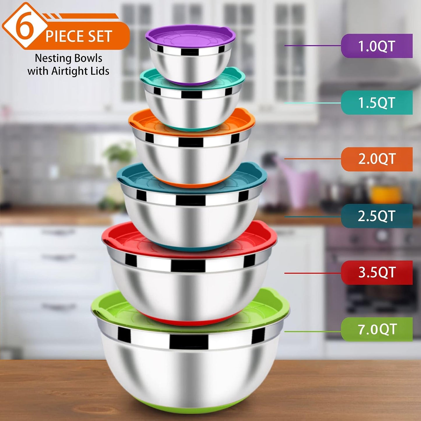 LIANYU Stainless Steel Mixing Bowls Sets of 6, Large 7, 3.5, 2.5, 2, 1.5, 1QT Size with Transparent Airtight Lids, Metal Nesting Serving Bowl Sets for Home Kitchen, Dishwasher & Freezer Safe, Black