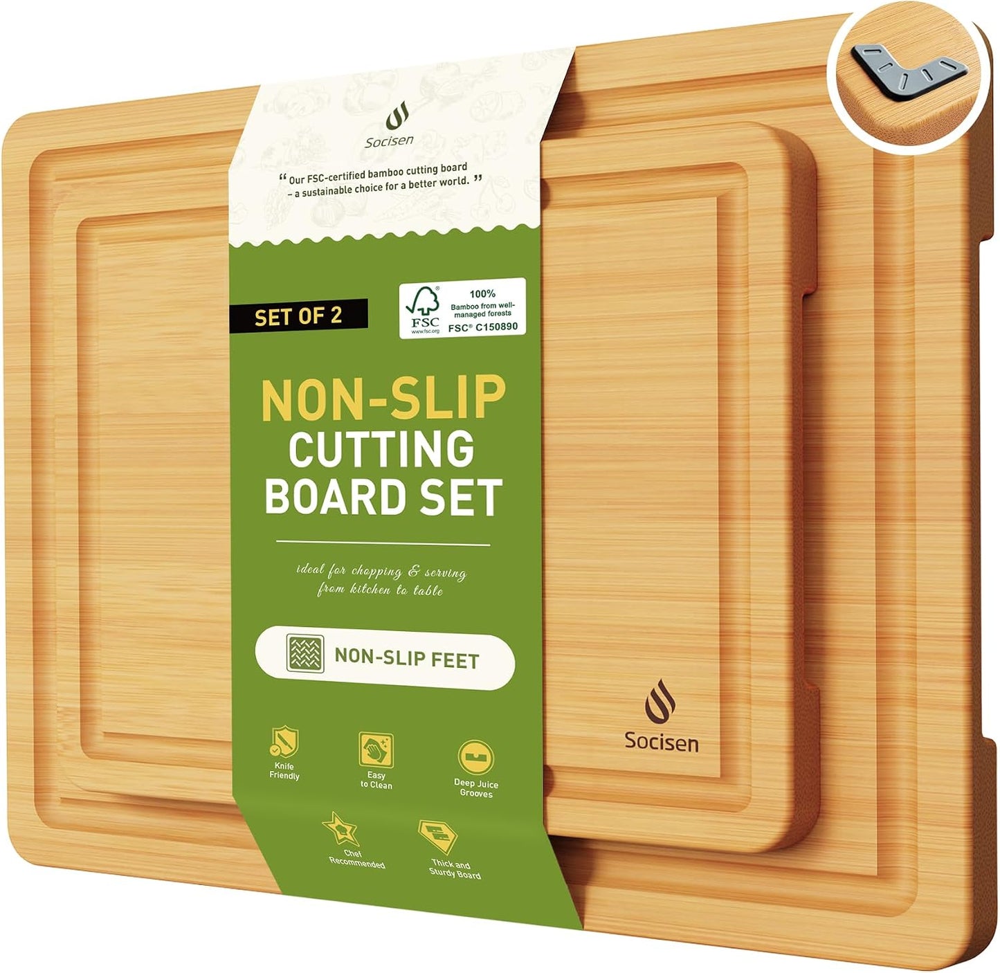 3 Packs Bamboo Cutting Board Set with Non Slip Feet and Over Sink Nice Solid Thick Wood Juice Groove Chopping Board Extra Large Big Small Best Hardwood Kitchen Counter Organic Vegetable