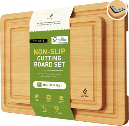 3 Packs Bamboo Cutting Board Set with Non Slip Feet and Over Sink Nice Solid Thick Wood Juice Groove Chopping Board Extra Large Big Small Best Hardwood Kitchen Counter Organic Vegetable