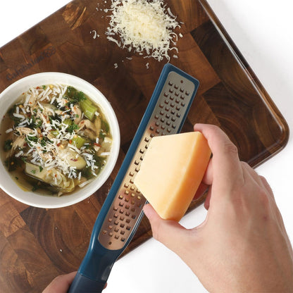 Calphalon Edge Lemon Zester, Stainless Steel Fine Citrus Grater for Lemon, Garlic & Ginger, Handheld Kitchen Zester with Protective Cover & Ergonomic Handle, Taupe