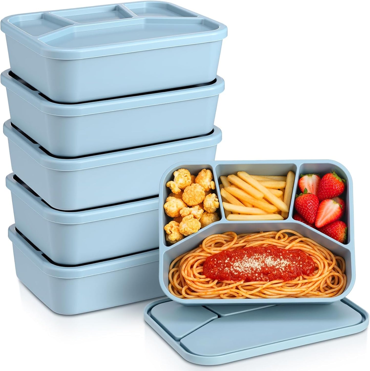 Honeydak 6 Pcs Silicone Bento Box Reusable Lunch Container 4 Compartment Snack Boxes with Lid Smooth LeakProof Rectangle Food Boxes for Adult Work Travel Food Storage (Cute Color)