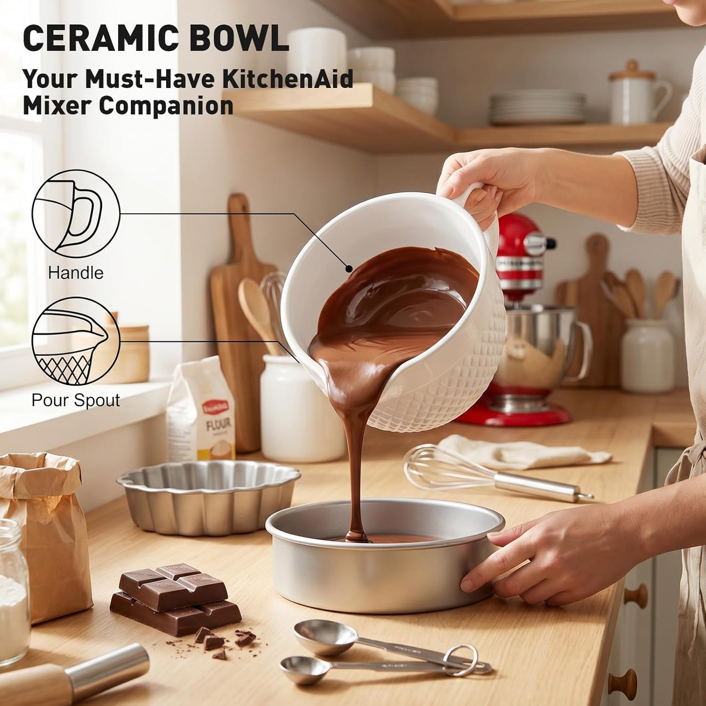 Cofun Ceramic Mixer Bowl for KitchenAid, Compatible with All KitchenAid 4.5-5 Qt Tilt-Head Stand Mixers, Mixing Bowl with Handle & Pour Spout, Oven/Microwave/Dishwasher Safe