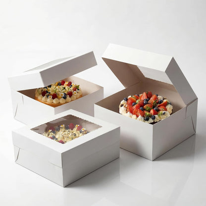 3 Pack 10x10x5 Inch White Cake Boxes with Window and Lids – Disposable Bakery Boxes for Cakes, Donuts, Pies, Cookies – No Cake Boards Included – Birthday, Wedding, Party Supplies