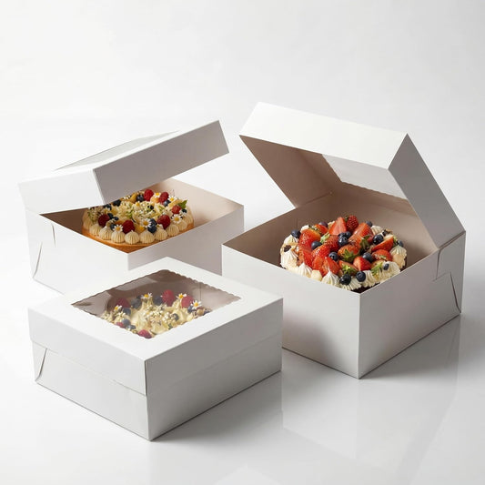 3 Pack 10x10x5 Inch White Cake Boxes with Window and Lids – Disposable Bakery Boxes for Cakes, Donuts, Pies, Cookies – No Cake Boards Included – Birthday, Wedding, Party Supplies
