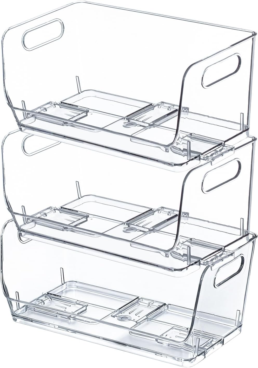 Basicwise Set of 3 Open-Front 16" Clear Storage Bins with Easy-Grip Handles Stackable Transparent Plastic Organizer Container for Pantry Cabinet Refrigerator Drawers Closets & Shelf Organization, XL