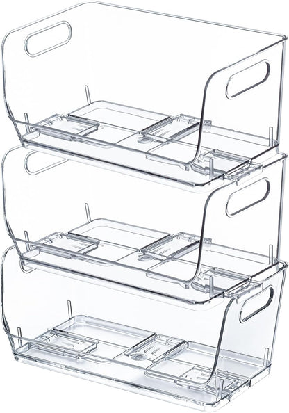 Basicwise Set of 3 Open-Front 16" Clear Storage Bins with Easy-Grip Handles Stackable Transparent Plastic Organizer Container for Pantry Cabinet Refrigerator Drawers Closets & Shelf Organization, XL