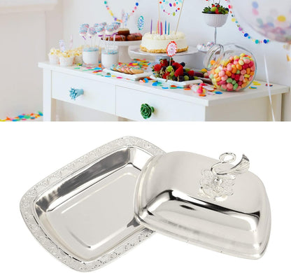 Stainless Steel Serving Tray, 7"x 5" Appetizer Plates with Swan Handle Lid, Fruit Dish Snack Serving Tray Decorative Dessert Platter Candy Holder for Wedding Home Birthday Party (Gold)