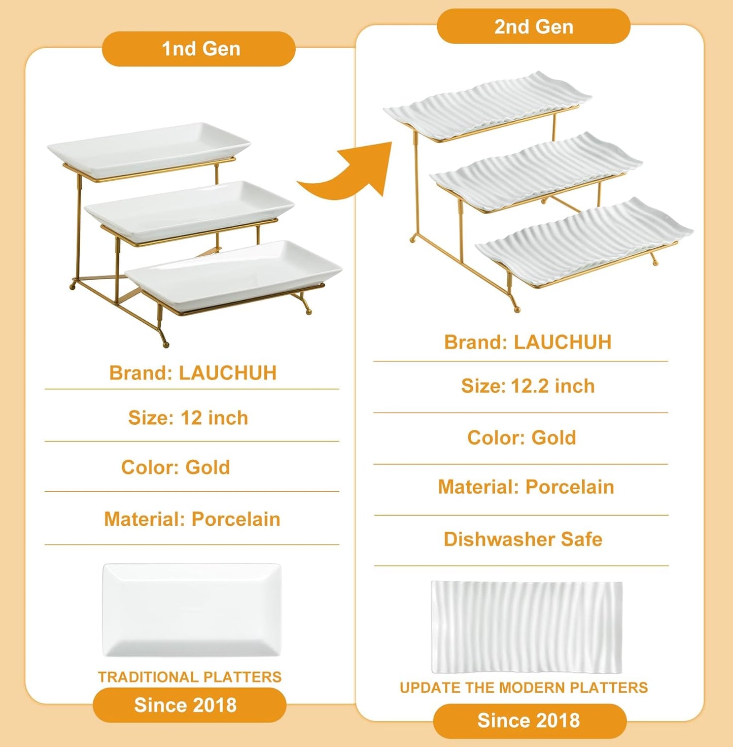 LAUCHUH 3 Tier Serving Tray, Porcelain Serving Platter Tier Serving Stand with Collapsible Sturdier Rack, Serving Trays and Platters Dessert Party Display Set for Father's Day, Gold, 12 Inch