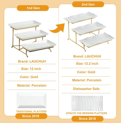 LAUCHUH 3 Tier Serving Tray, Porcelain Serving Platter Tier Serving Stand with Collapsible Sturdier Rack, Serving Trays and Platters Dessert Party Display Set for Father's Day, Gold, 12 Inch