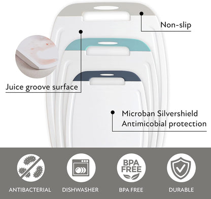 Neoflam Microban Protection Cutting Board 3 Piece Set, Stain & Odor/BPA Free, Reversable Board, Upgraded Larger Juice Groove, Non-Slip EZ Grip Handle, Dishwasher Safe, Pastel