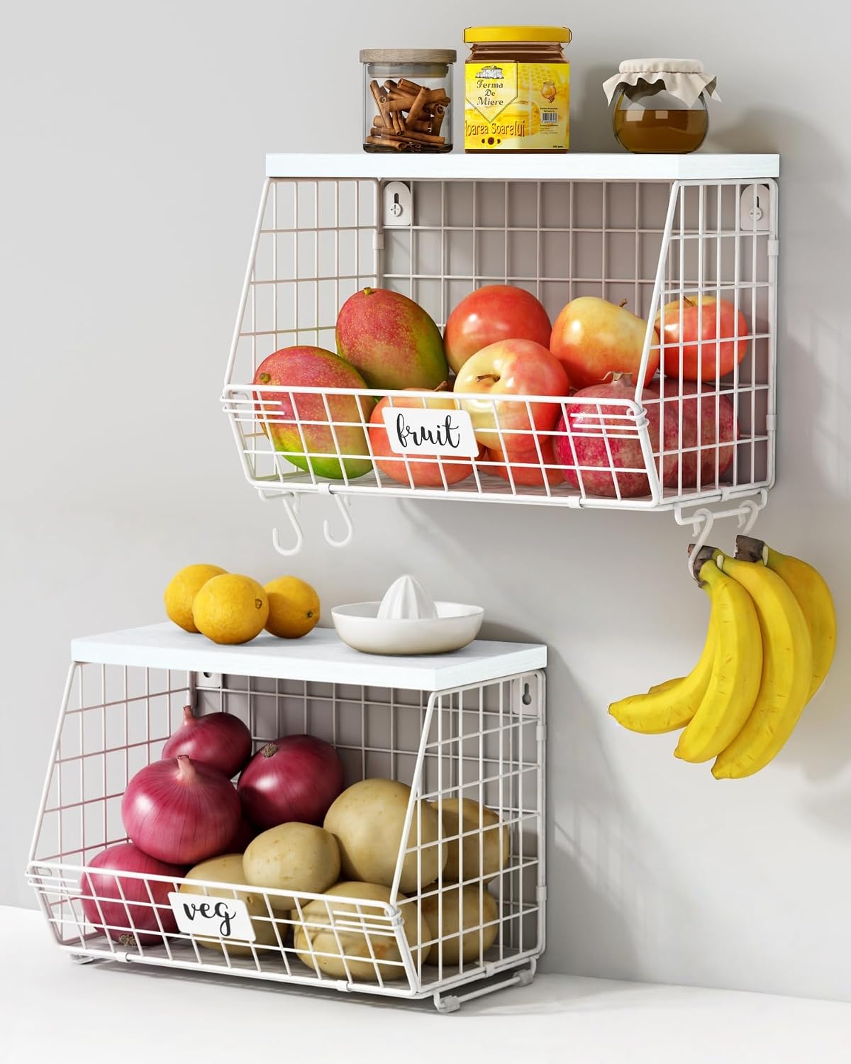 Goozii Hanging Wall Fruit Basket for Kitchen Counter 2 Pack, Stackable Wire Baskets for Organizing with Wood Lid, Potato and Onion Storage Bin with Banana Hook for Vegetable Produce, Black + Rustic