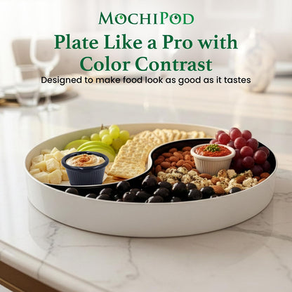 Chip and Dip Serving Tray – Yin Yang Divided Snack & Appetizer Platter with Built-In Dip Bowls, 14” Large Round Hosting Plate for Charcuterie, Fruit, Veggies & Party Snacks
