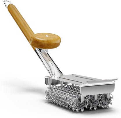 HOUSE AGAIN Grill Brush Bristle Free, 304 Stainless Steel Food-Grade Brush Head with Scraper, Safe BBQ Outdoor Grill Cleaning Brush Strong Barbecue Brush Cleaner Non Wire for Grill Grate/Wooden Handle