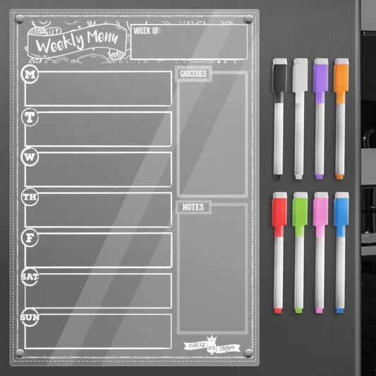 CHALKY CROWN Acrylic Magnetic Weekly Planner for Fridge - Menu Board for Kitchen with 8 Magnetic Markers - Weekly Meal Planner for Fridge with Grocery List & Notepad - Menu Planner (14.5x10.2)