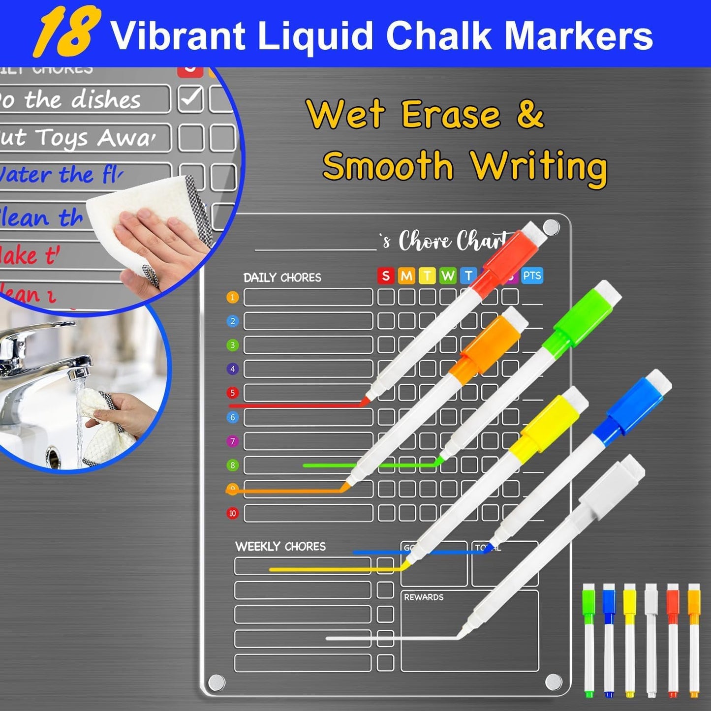 PigPotParty 2-in-1 Acrylic Magnetic Chore Chart for 2 Kids, Couples, Roommates, 15"x11" Large Dry Erase Chore Board for Fridge, Clear Weekly & Daily Reward Chart, Includes 12 Markers & Towel
