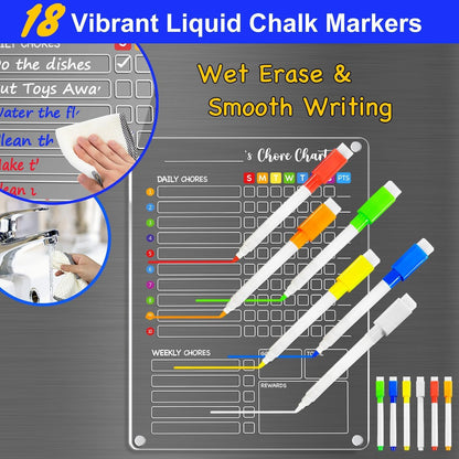 PigPotParty 2-in-1 Acrylic Magnetic Chore Chart for 2 Kids, Couples, Roommates, 15"x11" Large Dry Erase Chore Board for Fridge, Clear Weekly & Daily Reward Chart, Includes 12 Markers & Towel