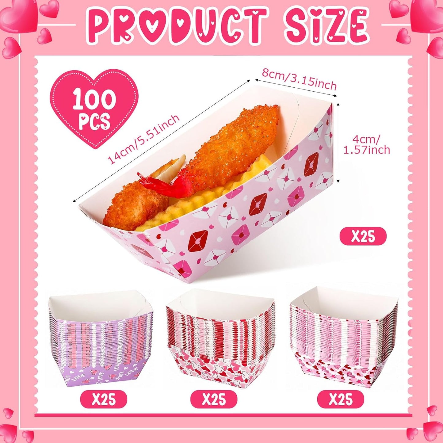 Honeydak 100 Pieces Mother's Day Heart Pattern Paper Food Trays Disposable Nacho Container Paper Boats Serving Trays for Hot Dog Popcorn Taco Snack Candy Food Container Party Supplies