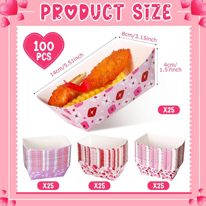 Honeydak 100 Pieces Mother's Day Heart Pattern Paper Food Trays Disposable Nacho Container Paper Boats Serving Trays for Hot Dog Popcorn Taco Snack Candy Food Container Party Supplies