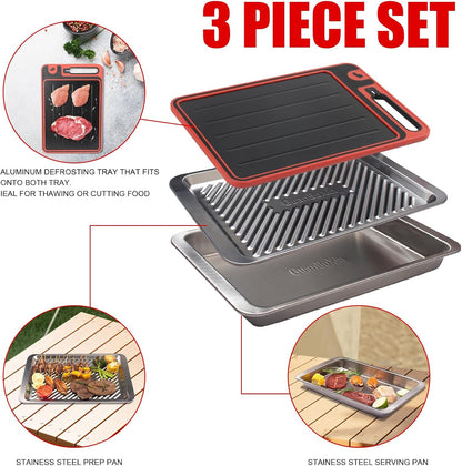 Grilling Prep and Serve Trays, Set of 2 Stackable Stainless Steel BBQ Trays, Deep Marinating Container, Serving Platter for Plating Food, BBQ Prep Tub for Marinating Meats, Grill Accessories