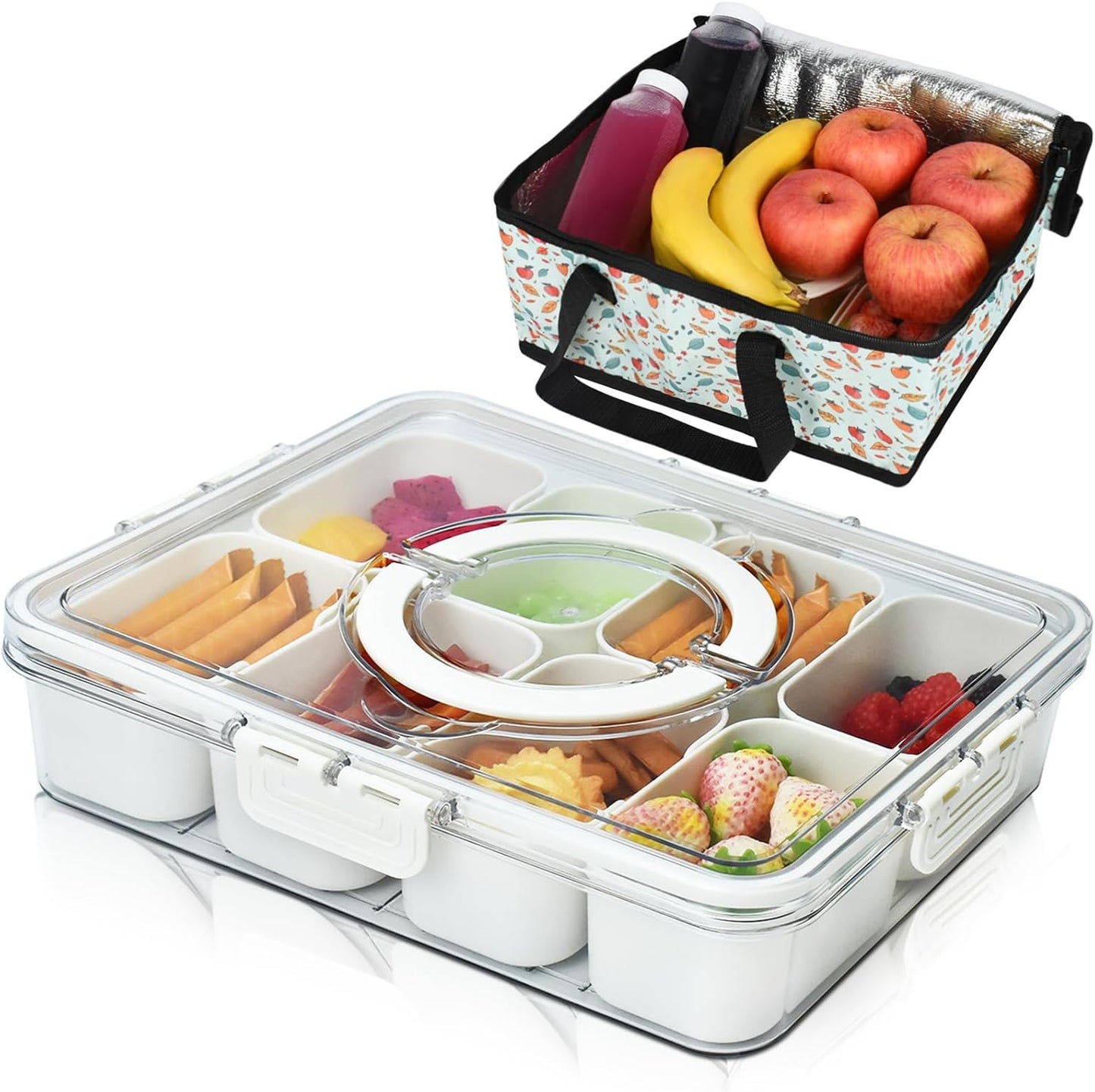 Artcome Sealed Divided Serving Tray with Handle, 8 Compartments, & Carry Bag - Ideal for Organizing and Carrying Snacks and Appetizers - Perfect for Outdoor Dining, Picnics, BBQs, Gatherings & Leisure