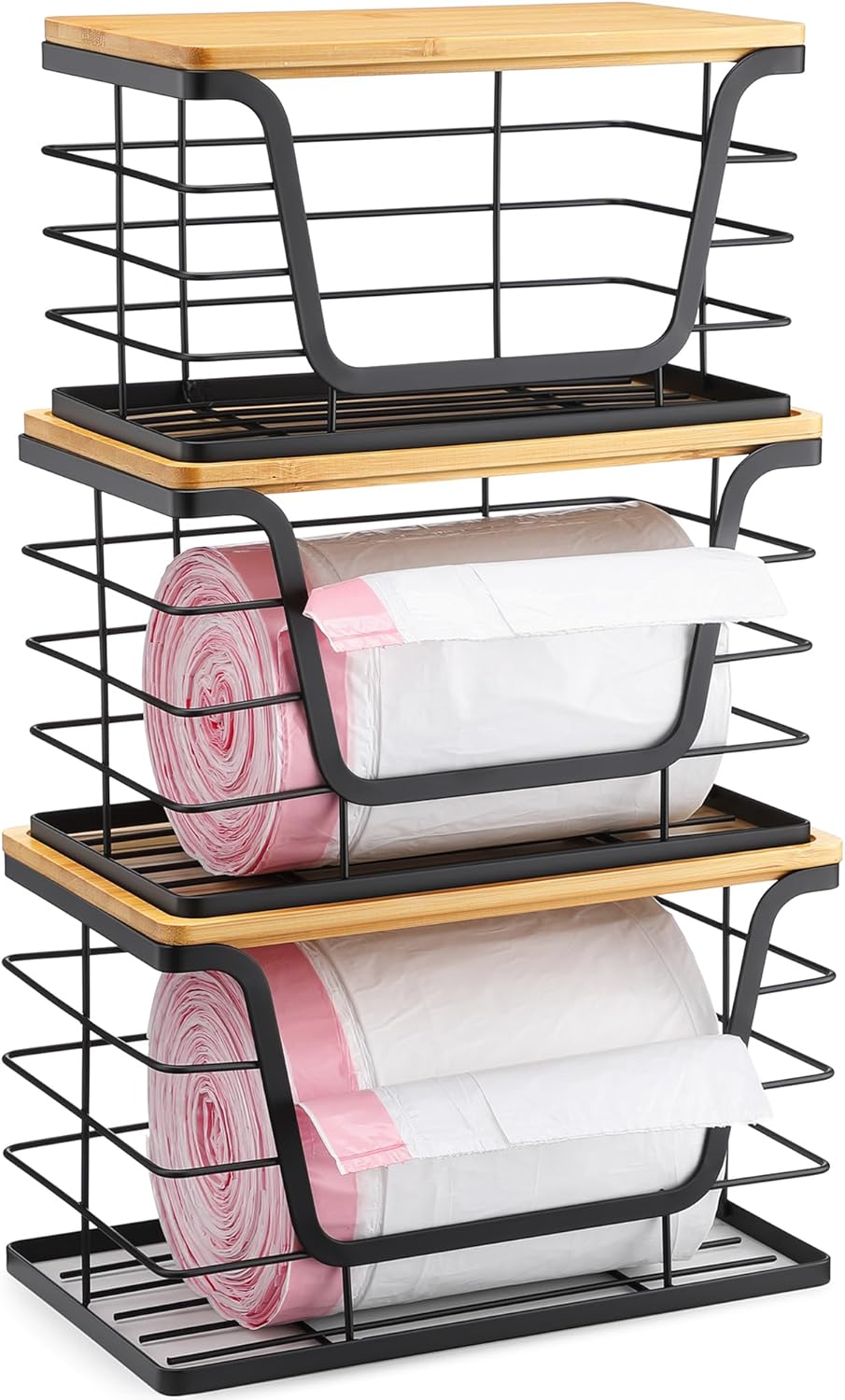 ALOCEO 2 Pack Stackable Wire Storage Basket with Bamboo Lid, Trash Bag Dispenser Under Sink for 4-13 Gal Bags, Kitchen Storage Bins for Potato and Onion, Brown