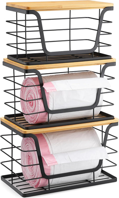ALOCEO 2 Pack Stackable Wire Storage Basket with Bamboo Lid, Trash Bag Dispenser Under Sink for 4-13 Gal Bags, Kitchen Storage Bins for Potato and Onion, Brown