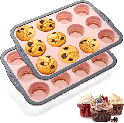 Silicone Muffin Pan, 12 Cups Non-Stick Cupcake Pan, Food-Grade BPA-Free Muffin Tin, Oven-Safe 450 °F, Reinforced Steel Frame, Easy-Grab Handles, Quick-Release 2.3" Baking Molds for Mini Treats