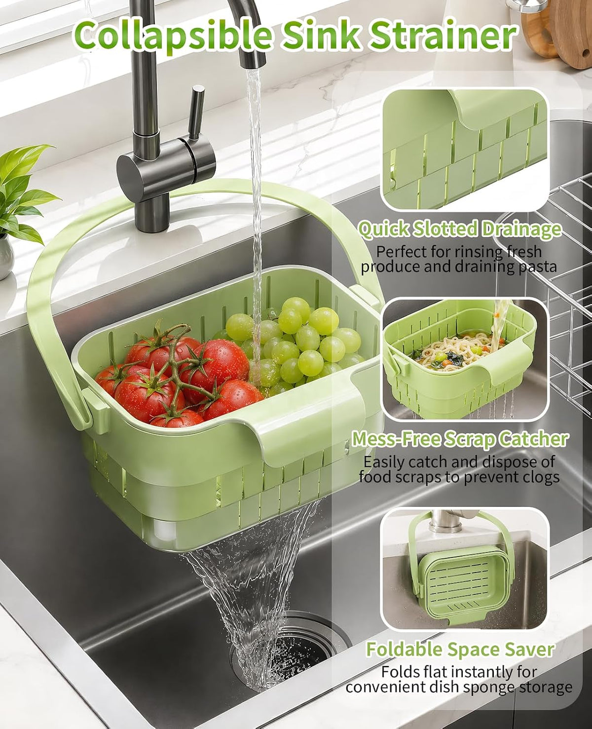 2 Pcs Collapsible Sink Drain Basket, Hanging Food Strainer Colander