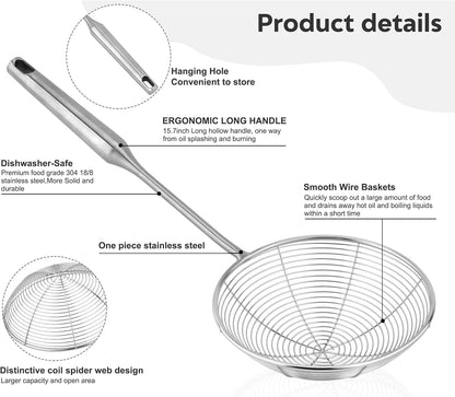 304 Stainless Steel Spider Strainer Skimmer Ladle for Cooking and Frying, Kitchen Gadgets Utensils Wire Pasta Spoon